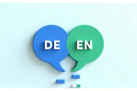 Symbole für deutsche und englische Sprache auf Textdokumenten, die mehrsprachige Unterstützung hervorheben