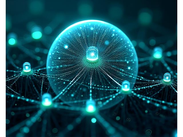 Abstraktes Bild, das neuronale Netze und gesicherte Datenknoten darstellt, die einen Datenschutzschild umgeben. Zeigt den Schutz von KI-Verarbeitungsdaten.