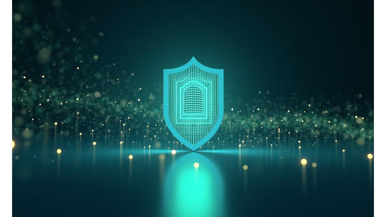 Symbolische Darstellung von Datensicherheit und Datenschutz mit abstrakten, vernetzten Elementen und einem Schildsymbol im Vordergrund.