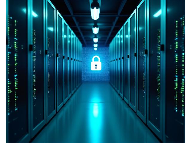 Server-Racks in einem sauberen, gut organisierten Rechenzentrum mit einem digitalen Sicherheitsschloss als Overlay. Symbolisiert robuste Datensicherheit.