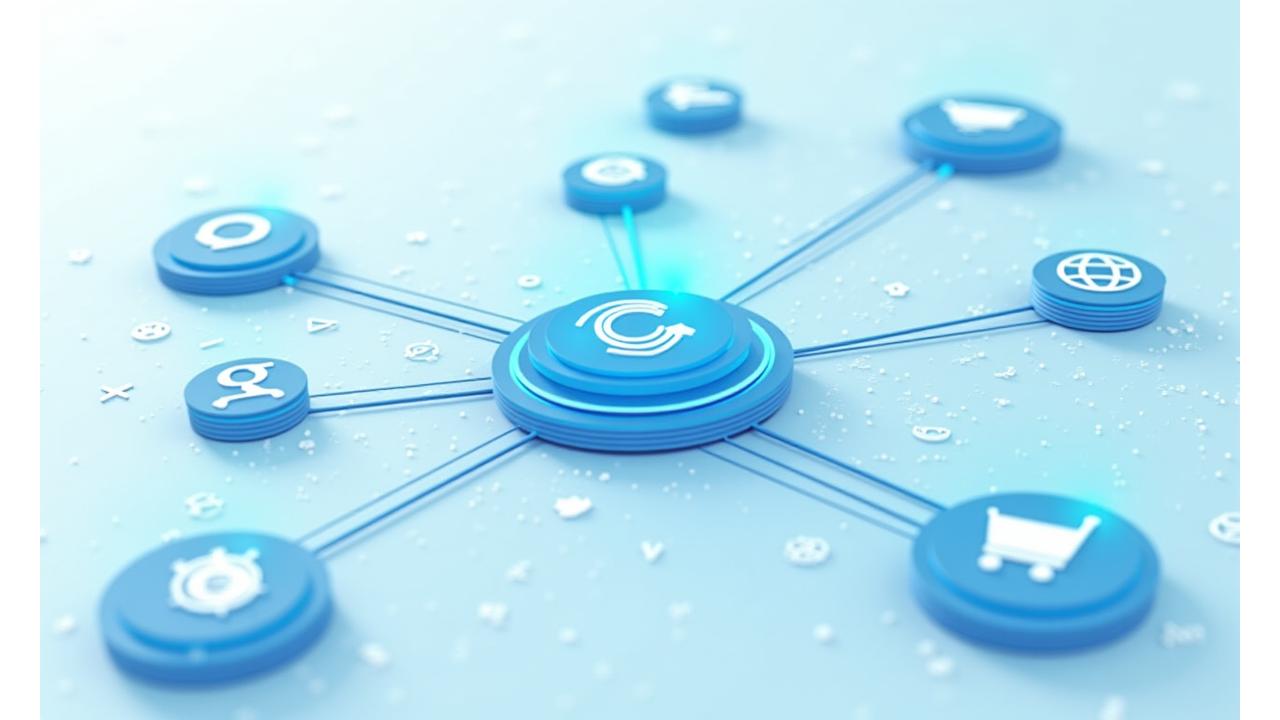 Eine illustrierte Karte, die Logos verschiedener Partnerplattformen wie Blog-Plattformen, CRM-Systeme und Social Media zeigt, die über Knotenpunkte verbunden sind, was die nahtlose Integration darstellt.