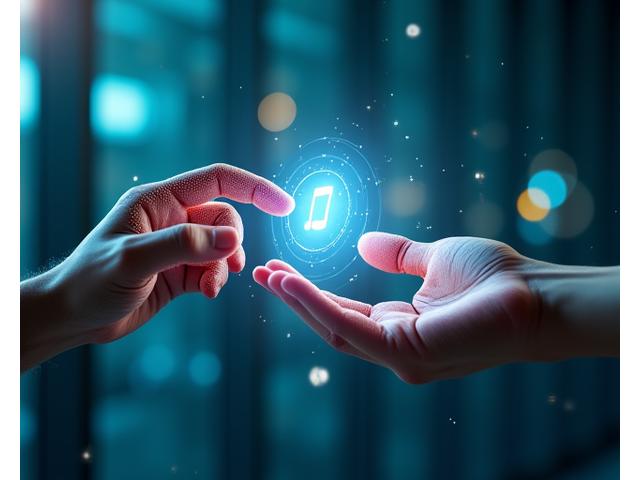 KI-gestützte Kommunikation: Holographische Hände interagieren mit Datenströmen, die zu einem klaren, leuchtenden Anruf-Symbol werden.