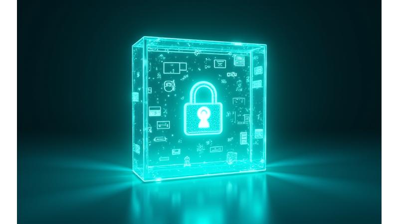 Abstrakte Darstellung von Eigentumsrechten an digitalen Inhalten, mit einem Schlüsselsymbol und einem Schloss, um den Schutz geistigen Eigentums zu zeigen.