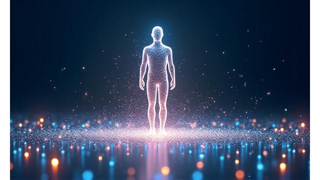 Ein abstraktes, leuchtendes Netzwerk, das eine Persönlichkeit umgibt, welche durch Schichten von Daten und kreativen Elementen visualisiert wird, symbolisiert KI-gestützte Personal Branding Transformation und Wachstum. Modernes, elegantes Design mit viel Leerraum, unterstrichen durch die Markenfarben #2B1B55, #00D4AA und #4A90E2.