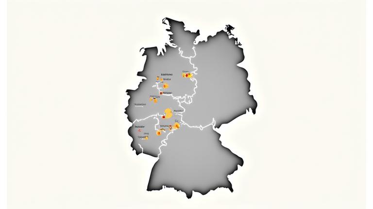 Eine moderne, stilisierte Karte Deutschlands, die wichtige Städte und kreative Hubs hervorhebt, mit kleinen Icons, die Creator-Communitys und Networking-Möglichkeiten symbolisieren. Die Farbpalette kombiniert die sanfteren Töne von #4A90E2 und die Akzentfarbe #00D4AA mit den dunkleren Primärfarben, um Kontrast und Übersichtlichkeit zu bieten.