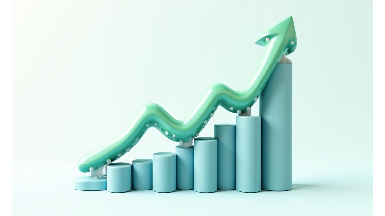 Ein aufwärts gerichteter Wachstums-Graph mit stilisierten Pfeilen und Symbolen, die verschiedene Aspekte des Influencer-Wachstums – Reichweite, Engagement, Autorität – darstellen. Das Design ist dynamisch und zukunftsorientiert, mit dem Farbschema #2B1B55, #00D4AA und #4A90E2, die Energie und Innovation vermitteln.
