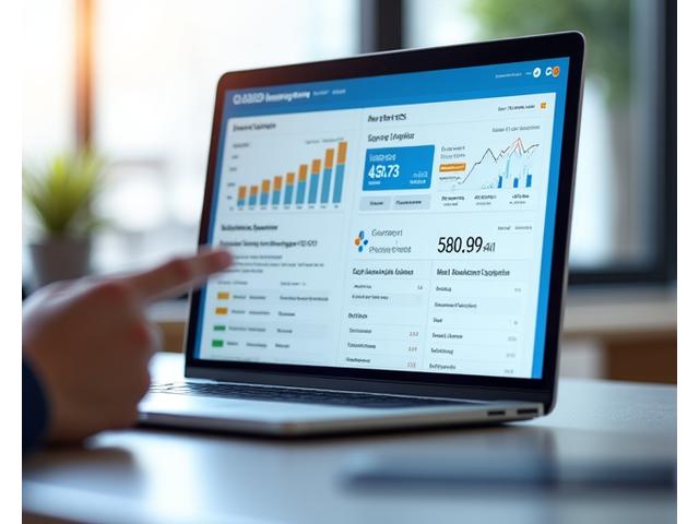 Eine Person, die an einem Laptop mit einem SEO-Analyse-Tool arbeitet, das Leistungskurven und Keyword-Rankings anzeigt.