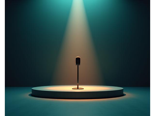 Eine abstrakt dargestellte Bühne mit einem leuchtenden Spotlight, das auf ein Mikrofon gerichtet ist, umgeben von einem angedeuteten Publikum.