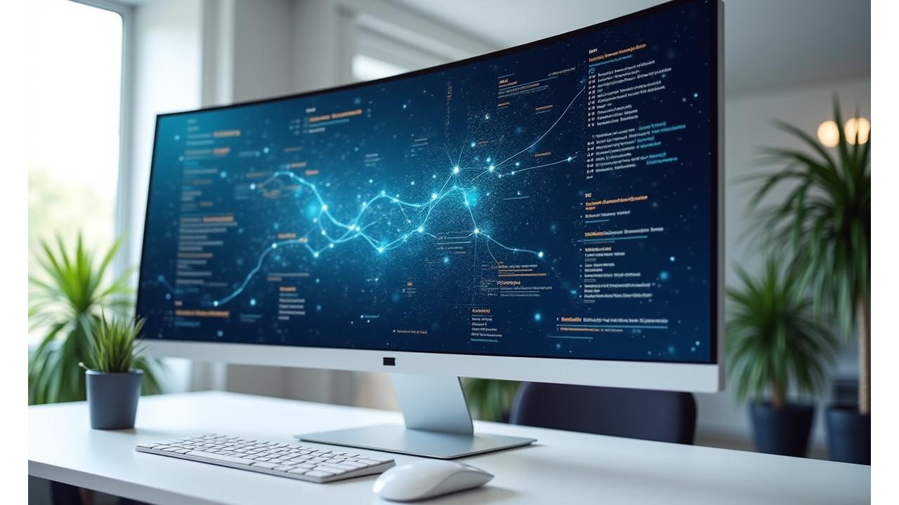 Ein professioneller Schreibtisch mit futuristischer KI-Schnittstelle, die Datenvisualisierungen und Textentwürfe anzeigt.
