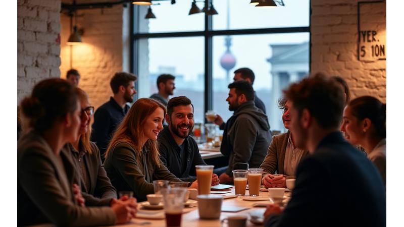 Eine lebendige Szene von Tech-Enthusiasten und Kreativen, die sich in einem modernen Berliner Co-Working Space treffen, mit der Berliner Silhouette im Hintergrund
