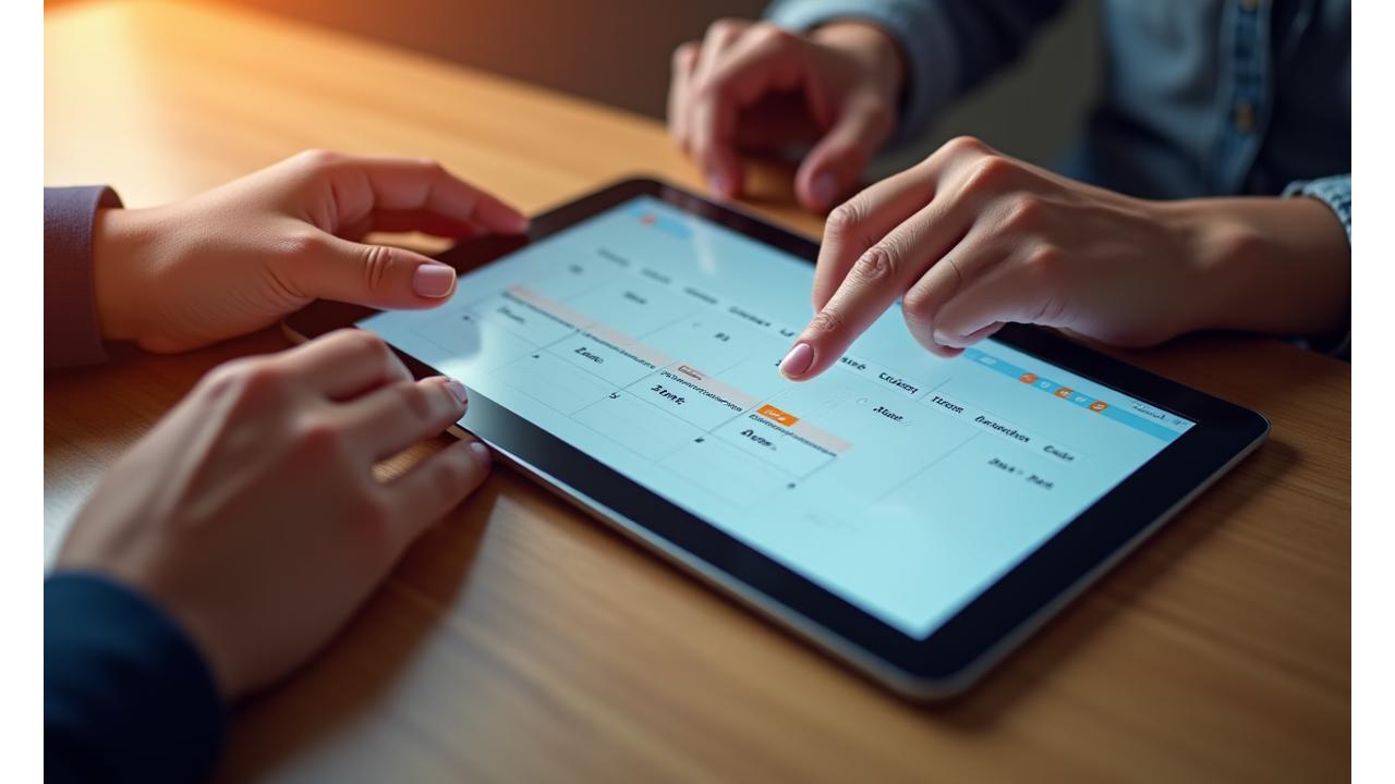 Eine Nahaufnahme von Händen, die sich über einem Tablett mit einem digitalen Kalender und dem Chronoscribe AG Logo austauschen, symbolisiert Terminbuchung und persönliche Beratung