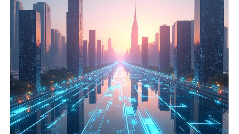 Eine futuristische Stadtansicht, die Hyperkonnektivität und KI-Integration symbolisiert, mit einem Fokus auf dynamische, digitale Informationsflüsse und Chronoscribes Vision im Vordergrund