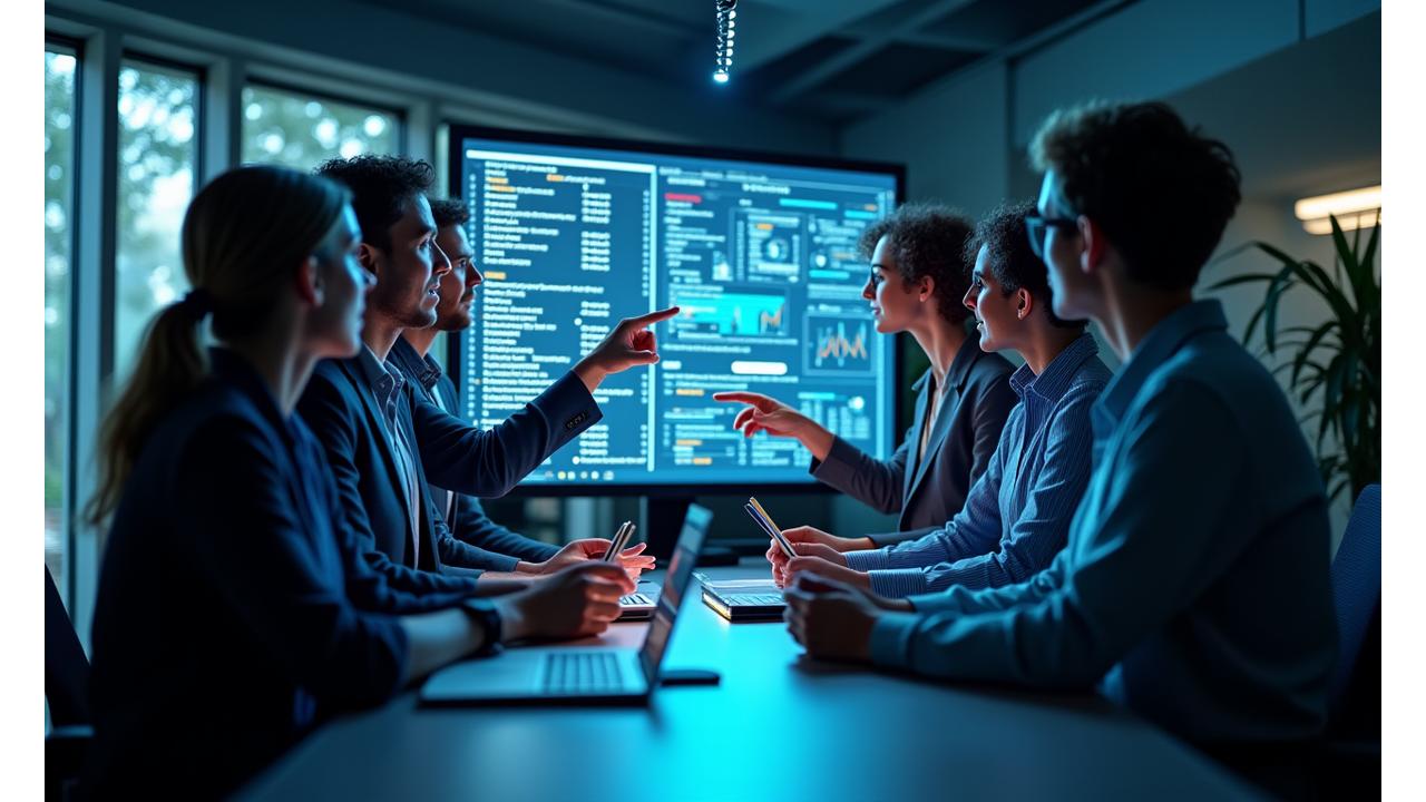 Ein diverses Team von KI-Experten und Content-Strategen, die gemeinsam an einem Dashboard arbeiten, in einem modernen, hellen Büro