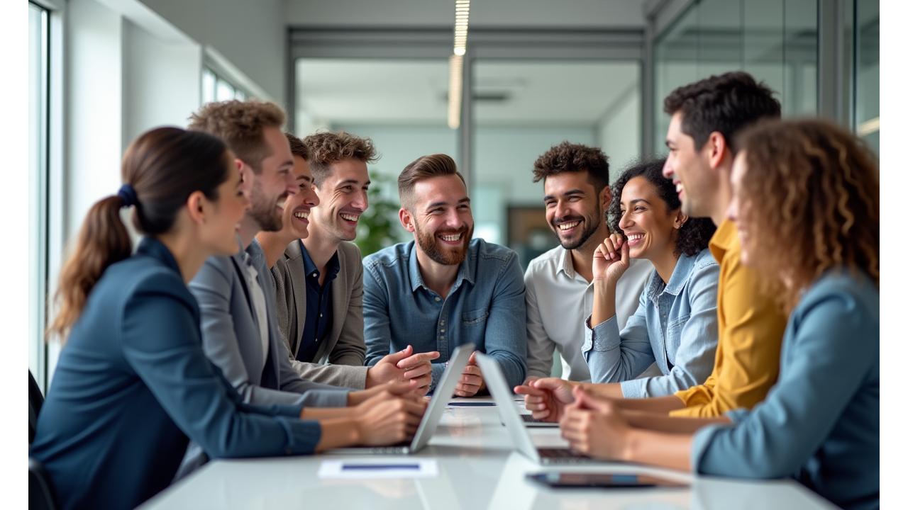 Eine Gruppe lachender, diverser Chronoscribe AG Mitarbeiter in einem offenen Büro, die Vielfalt und positive Energie ausstrahlen